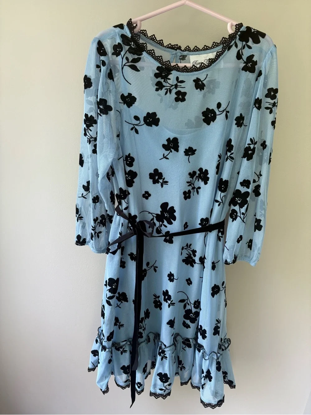 Rare Editions Light Blue Dress with Black Floral Velvet Accents